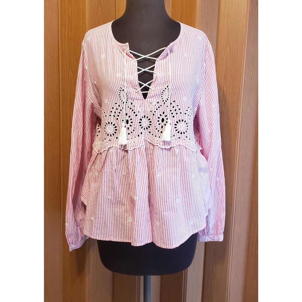 Gap large Cotton long sleeve pink & white striped woven top